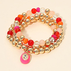 3PCS - Oval Stone Charm Ball Beaded Stretch Multi Layered Bracelets