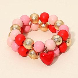 2PCS - Chunky Heart Charm Wooden Metal Ball Beaded Stretch Multi Layered Bracelets
