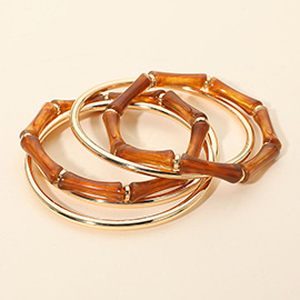 5PCS - Stackable Marbled Bamboo Beaded Stretch Metal Bangle Multi Layered Bracelets