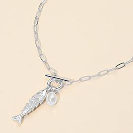 Fish Pearl Toggle Charm Pendant Necklace
