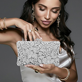 Crystal Rhinestone Embellished Floral Frame Evening Clutch Shoulder Bag