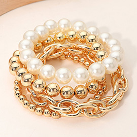 4PCS - Pearl Metal Ball Mixed Beaded Stretch Multi Layered Bracelets