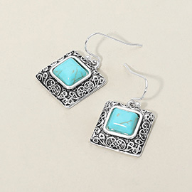 Antique Metal Scrollwork Frame Square Tile Drop Dangle Earrings