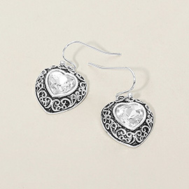 Antique Metal Scrollwork Frame Heart Tile Drop Dangle Earrings