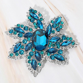 Oval Stone Center Rhinestone Studded Floral Statement Pin Brooch