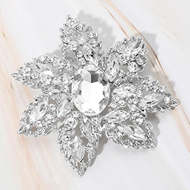 Oval Stone Center Rhinestone Studded Floral Statement Pin Brooch