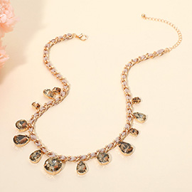 Round Teardrop Stone Cluster Station Bow Braided Chain Necklace