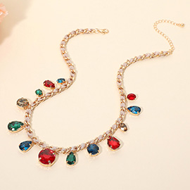 Round Teardrop Stone Cluster Station Bow Braided Chain Necklace