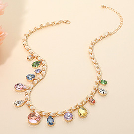 Round Teardrop Stone Cluster Station Bow Braided Chain Necklace