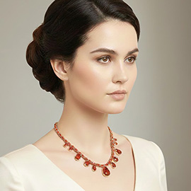 Round Teardrop Stone Cluster Station Bow Braided Chain Necklace