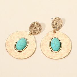 Oval Stone Center Hammered Disc Drop Dangle Earrings