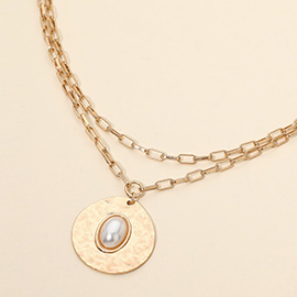 Oval Stone Center Hammered Disc Pendant Layered Necklace