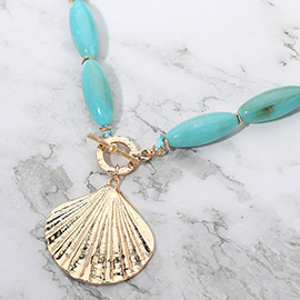 Textured Metal Shell Toggle Pendant Chunky Oval Resin Beaded Statement Necklace