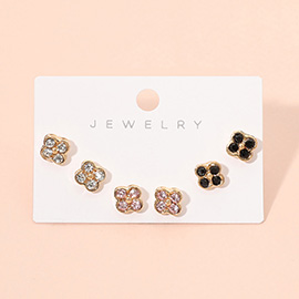 3Pairs - Sparkling Quatrefoil Stud Earring Set