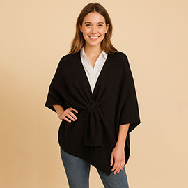 Front Tie Textured Knit Wrap Shawl Poncho
