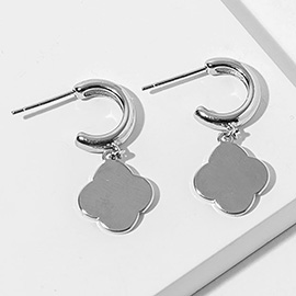White Gold Dipped Quatrefoil Charm Drop Dangle Mini Hoop Earrings