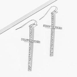 Crystal Stone Paved Cross Dangle Earrings