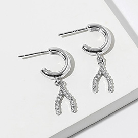 White Gold Dipped CZ Stone Paved Wishbone Drop Dangle Mini Hoop Earrings