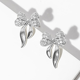 White Gold Dipped CZ Stone Paved Bow Stud Earrings