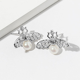 White Gold Dipped Pearl Accent CZ Stone Paved Bee Stud Earrings