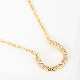 Gold Dipped CZ Stone Paved Horseshoe Pendant Necklace