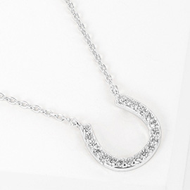 White Gold Dipped CZ Stone Paved Horseshoe Pendant Necklace