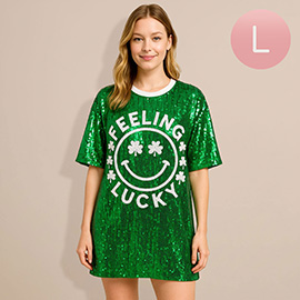 Sequin FEELING LUCKY Clover Smile Face Long Party Shirt