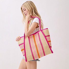Multi Color Stripes Natural Straw Tote Bag