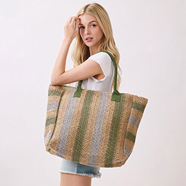 Natural Multi Color Stripe Straw Tote Bag