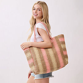 Natural Multi Color Stripe Straw Tote Bag