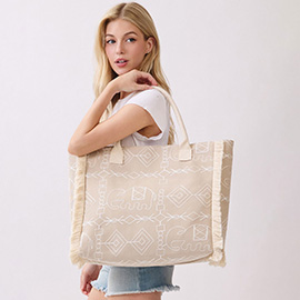 Boho Geometric Elephant Print Fringe Tote Bag