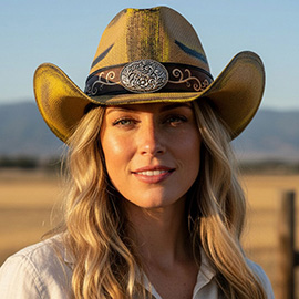 Boho Metal Ornate Oval Buckle Accent Faux Leather Band Antique Wash Straw Western Cowboy Hat