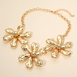 Triple Puffy Metal Flower Link Statement Necklace