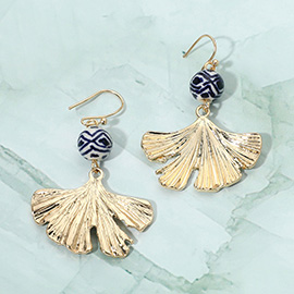 Ceramic Ball Textured Metal Ginko Leaf Drop Earrings