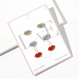 3Pairs - Gold Dipped Rhinestone Studded Mini Lips Stud Earring Set