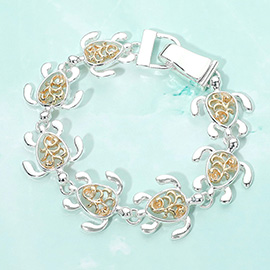 Two Tone Metal Sea Turtle Charm Link Magnetic Bracelet