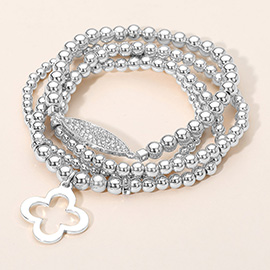 4PCS - Open Quatrefoil Charm Accent Metal Ball Beaded Stretch Multi Layered Bracelets
