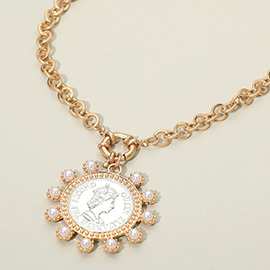 Bold Pearl Decorative Coin Pendant Necklace