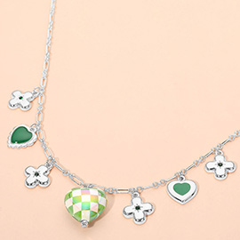 Heart Flower Motif Charm Staton Necklace