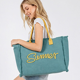 SUMMER Message Embroidered Fringe Canvas Tote Beach Bag