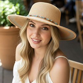Beaded Band Shimmer Straw Wide Brim Summer Sun Hat