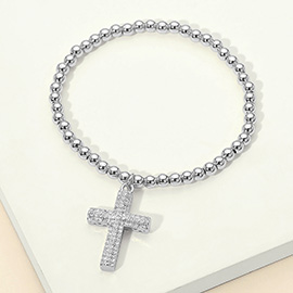 Stainless Steel CZ Paved Cross Charm Beaded Stretch Bracelet