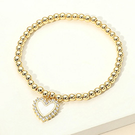 Stainless Steel CZ Trim Mother of Pearl Heart Charm Beaded Stretch Bracelet