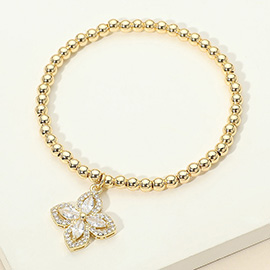 Stainless Steel CZ Flower Charm Beaded Stretch Bracelet