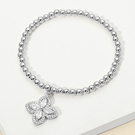 Stainless Steel CZ Flower Charm Beaded Stretch Bracelet