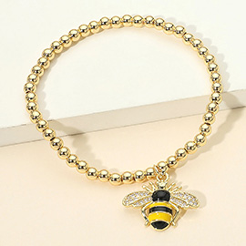 Stainless Steel CZ Stone Paved Enamel Honey Bee Charm Beaded Stretch Bracelet