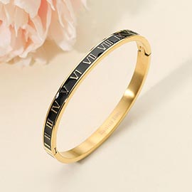 Stainless Steel Enamel Inlay Roman Numeral Hinged Bangle Bracelet