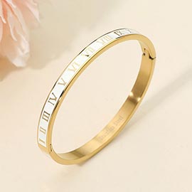 Stainless Steel Enamel Inlay Roman Numeral Hinged Bangle Bracelet