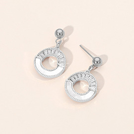 Stainless Steel CZ Pave Mother of Pearl Detail Open Circle Charm Dangle Earrings