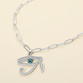 Stainless Steel CZ Stone Paved Eye of Horus Pendant Paperclip Chain Necklace